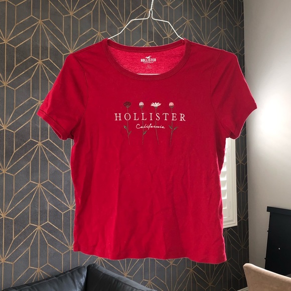 Hollister Tops - Hollister Embroidered Flower Red Tee